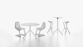 Miura stool and table with myto chair all in white