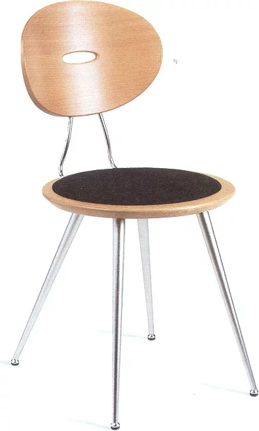 Eliss chair: a wooden back and a round upholstered seat on steel legs