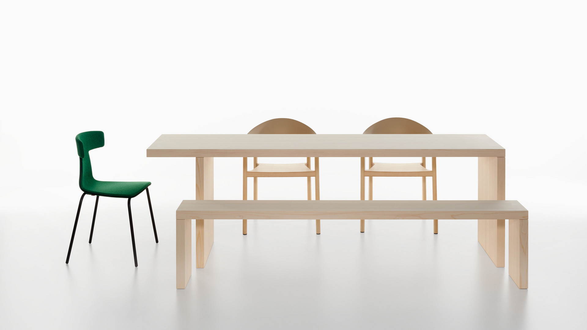 Bench table, Monza armchair and Remo upholstered in a group on white background