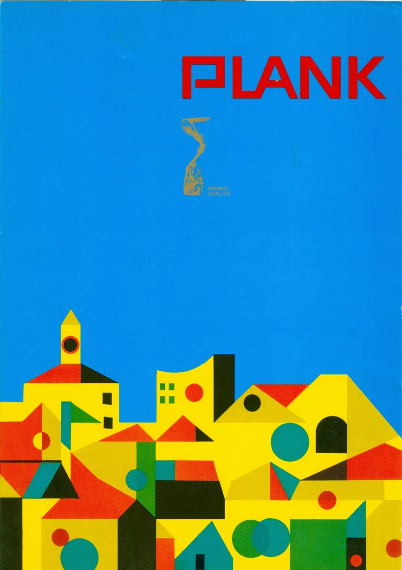 PLANK catalogue cover with a colourful village and the PLANK lettering