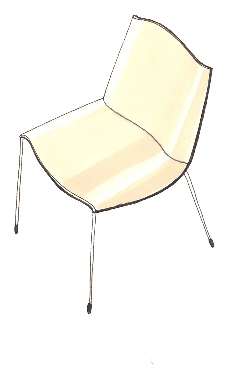 Coloured sketch of a chair with a curved shell on four thin legs