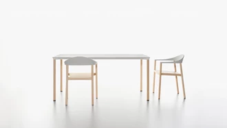 Monza armchair in ash natural with white backrest and Monza table rectangular with table feet in ash natural and aluminium and table top in white
