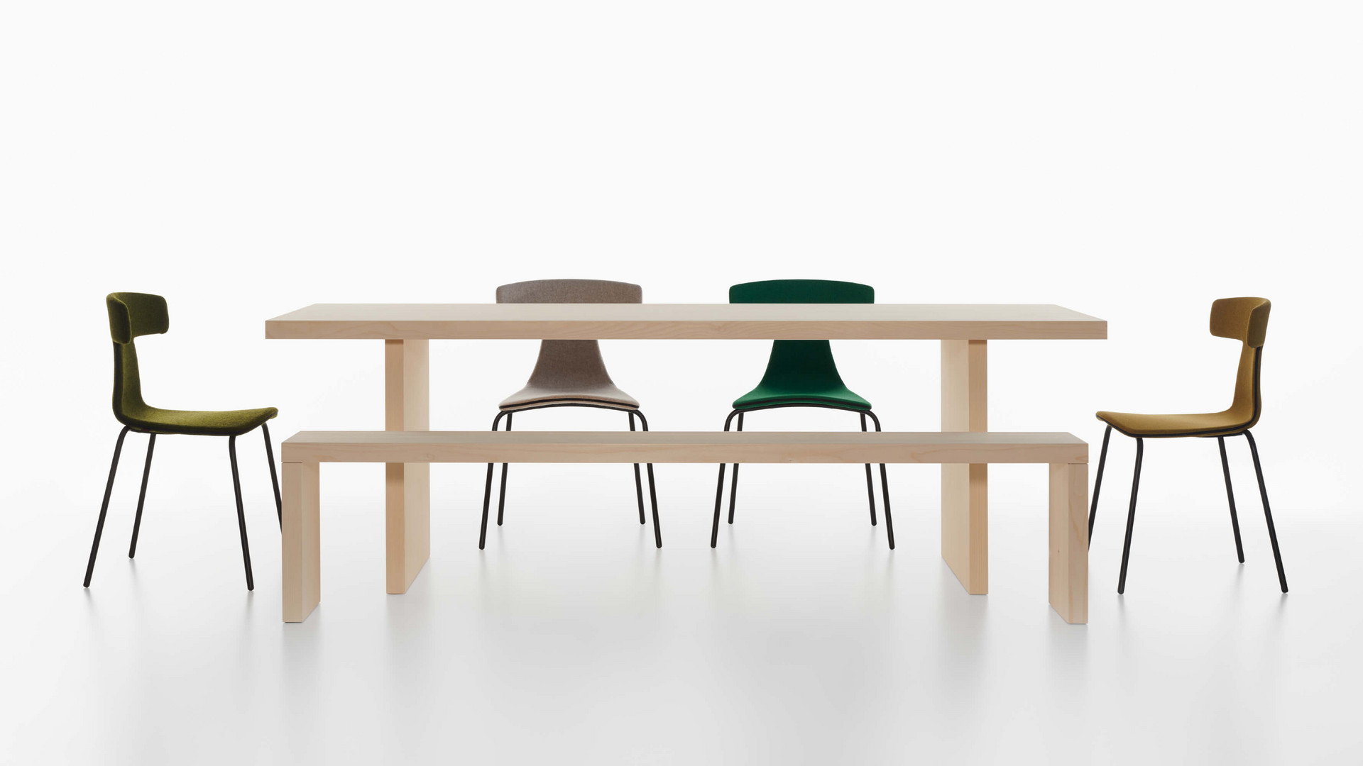 Remo, upholstered, indoor, living, fabric, leather, stackable chair, konstantin grcic, plank, bench, bench table