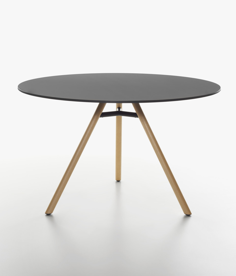 Plank - MART table, round table top, natural ash legs, black HPL top